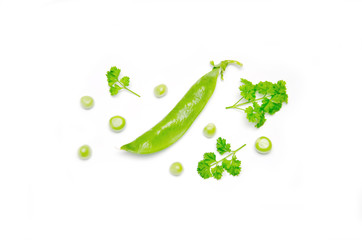peas pod and seeds and parsley on white background