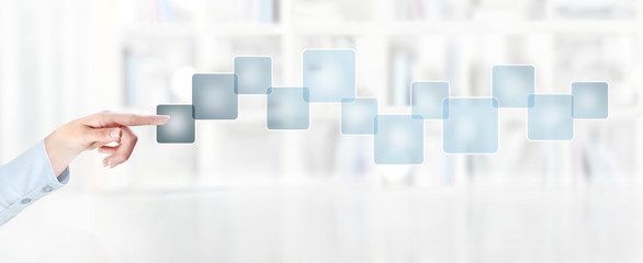 office business work concept, hand finger touch screen empty icons, web banner and copy space template