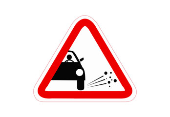 Vector illustration of triangle traffic sign for gravel. Warning sign with gravel on road symbol. Road sign. loose gravel. Loose chippings and gravel line icon Traffic and road sign. Warning signs. 