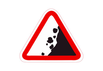 falling rocks road sign. Warning sign with gravel on road symbol. Vector illustration of triangle traffic sign for gravel. Warning signs. traffic training.  traffic rules. Traffic signs. road signs