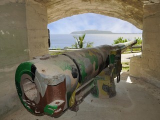 World War 11 Japanese cannon with the Cake Mountain in the distance, Songsong, Rota, Northern Mariana Islands.