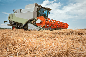 Combine harvester close-up, harvesting wheat in the field. Beautiful, bright, natural landscape...