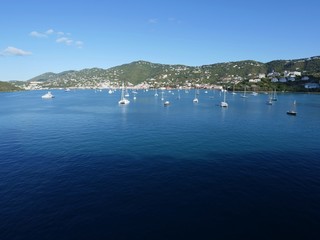 Wide view of the St Thomas harbor, with boats in the water