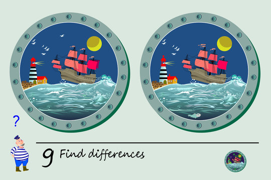 Logic puzzle game for children. Need to find 9 differences. Printable page for kids brainteaser book. View from window of sea porthole on ocean, lighthouse and ship. Developing counting skills.