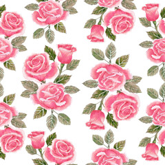Watercolor seamless pattern with beautiful red roses.  Can be used as romantic background for wedding invitations, greeting postcards, prints, textile design, packaging design