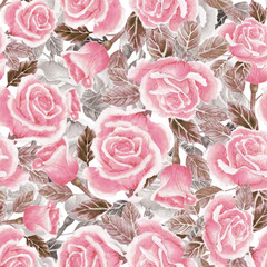 Watercolor seamless pattern with beautiful red roses