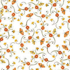 Watercolor seamless pattern with a floral pattern and butterflies, in orange and yellow colors on a white background. Can be used as romantic background greeting postcards, prints, textile design, pac