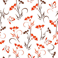 Watercolor seamless pattern with a floral pattern and butterflies, in orange and brown colors on a white background. Can be used as romantic background greeting postcards, prints, textile design, pack