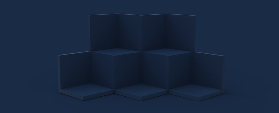 Dise&ntilde;o de podio para presentaci&oacute;n de producto de dise&ntilde;o. Render tridimensional de escalones con iluminaci&oacute;n de reflectores y diferentes materiales brillantes y con patrones. Fondo colorido 3d