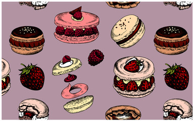 Vector illustration of sketch hand drawn pattern with macarons. French pastry macaron, berries, chocolate, cream, fruits, cherry, strawberry. Dessert, macaroon, sweets, menu design, restaurants, shop