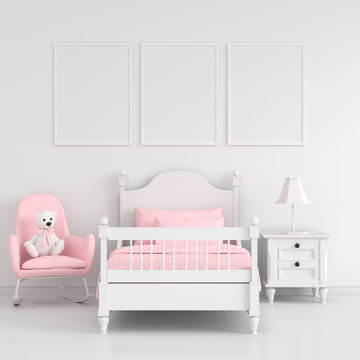 Three empty photo frame for mockup in white child bedroom interior, 3D rendering