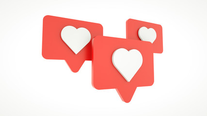 Set Like heart icon on a red pin isolated on white background. 3d rendering