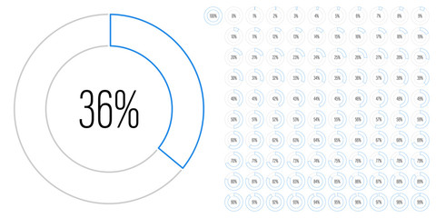 Set of circle percentage diagrams (meters) from 0 to 100 ready-to-use for web design, user interface (UI) or infographic - indicator with blue