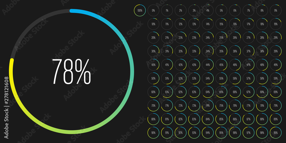 Poster set of circle percentage diagrams (meters) from 0 to 100 ready-to-use for web design, user interface