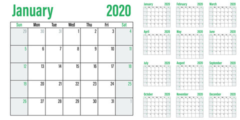 Calendar planner 2020 template vector illustration all 12 months week starts on Sunday and indicate weekends on Saturday and Sunday
