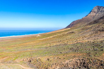 Jandia Peninsula, Fuerteventura island, Canary Islands, Spain. Cofete Beach (Playa de Cofete) on the background. Fuerteventura is classic desert island, the oldest island of Canary Islands