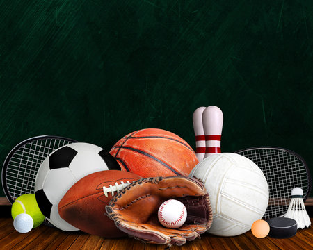 Sports Equipment, Rackets and Balls With Chalkboard and Copy Space
