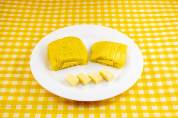 pamonha, Brazilian sweet made from homemade cheese with corn. Open pissing ready for consumption....