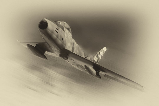 old f 86 jet fighter plane photograph made to look like drawing