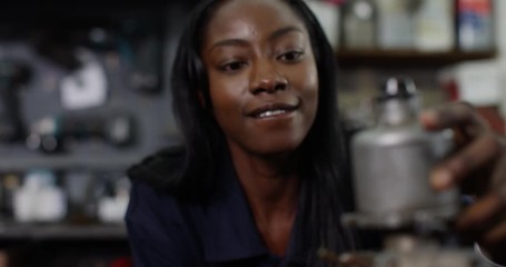 4K Female mechanic breaking motor parts & walking away with guilty expression