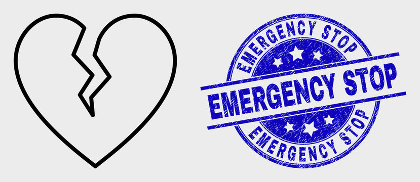 Vector Line Broken Heart Icon And Emergency Stop Watermark. Blue Rounded Distress Watermark With Emergency Stop Caption. Black Isolated Broken Heart Icon In Line Style.