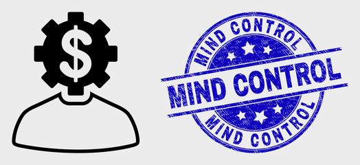 Vector outline banker gear person icon and Mind Control watermark. Blue rounded distress watermark with Mind Control phrase. Black isolated banker gear person icon in outline style.