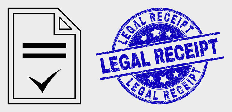 Vector stroke agreement page icon and Legal Receipt seal stamp. Blue round textured seal stamp with Legal Receipt text. Black isolated agreement page icon in linear style.