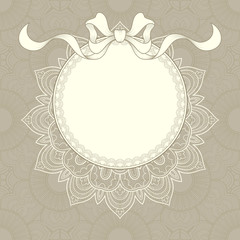 Vintage background with lace frame and ribbon for greeting card, invitation or announcement
