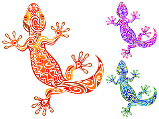 Vector illustration of an ornate gecko design in three different color schemes.