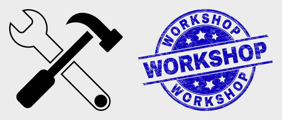 Vector contour tools icon and Workshop watermark. Blue rounded scratched watermark with Workshop text. Black isolated tools icon in contour style.