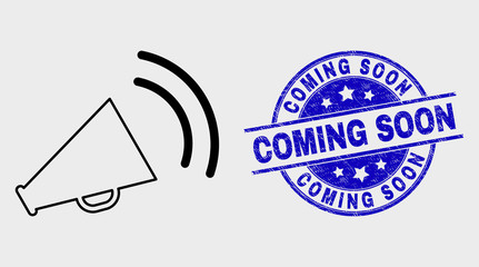 Vector stroke megaphone sound icon and Coming Soon seal stamp. Blue round textured seal stamp with Coming Soon title. Black isolated megaphone sound icon in linear style.