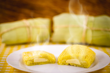 Curau or sweet of hot mushroom, with smoke after being cooked. Sweet cheese with corn made in Brazil, typical of the rural festivals of the state of minas gerais and goiais. Brazilian regional food.