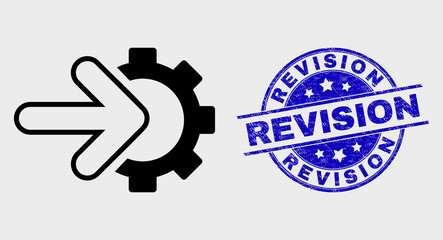 Vector linear integration gear pictogram and Revision stamp. Blue rounded grunge seal with Revision text. Black isolated integration gear pictogram in linear style.