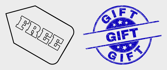 Vector linear free tag pictogram and Gift seal stamp. Blue round distress seal stamp with Gift title. Black isolated free tag icon in outline style.