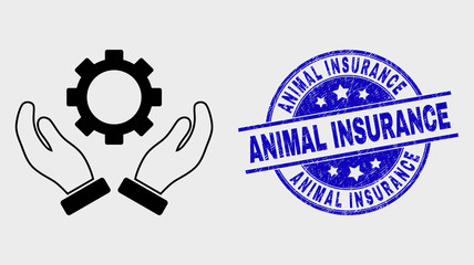 Vector outline gear care hands pictogram and Animal Insurance watermark. Blue rounded grunge watermark with Animal Insurance caption. Black isolated gear care hands pictogram in outline style.