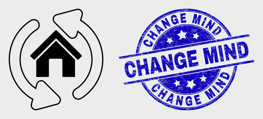 Obraz premium Vector stroke home refresh arrows icon and Change Mind seal stamp. Blue rounded textured seal with Change Mind title. Black isolated home refresh arrows icon in stroke style.