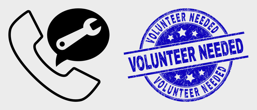 Vector outline service phone call pictogram and Volunteer Needed seal stamp. Blue rounded distress seal stamp with Volunteer Needed caption. Black isolated service phone call icon in contour style.
