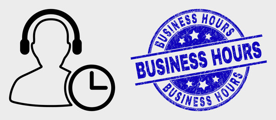 Vector contour operator time icon and Business Hours seal stamp. Blue round distress stamp with Business Hours message. Black isolated operator time icon in contour style.