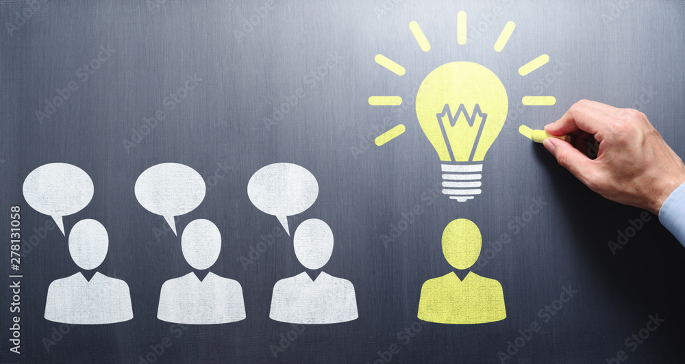 Poster finding solution during meeting communication. businessman drawing people and lightbulb on chalkboar