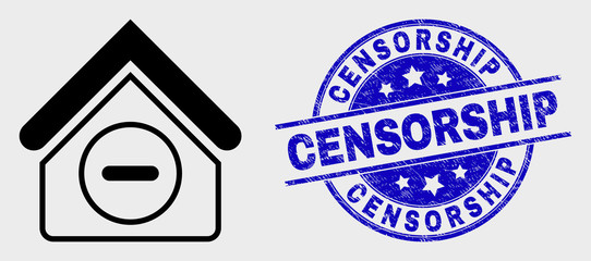Vector stroke forbidden house icon and Censorship watermark. Blue rounded textured watermark with Censorship text. Black isolated forbidden house icon in contour style.