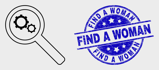 Vector stroke explore gears pictogram and Find a Woman stamp. Blue round textured stamp with Find a Woman message. Black isolated explore gears icon in stroke style.