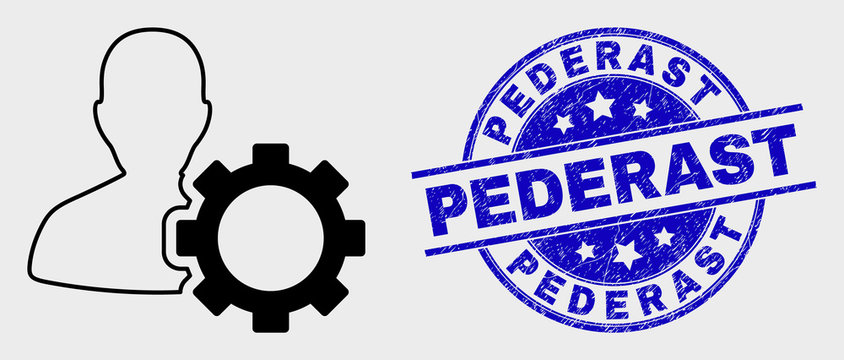 Vector stroke user options gear icon and Pederast seal stamp. Blue round grunge stamp with Pederast caption. Black isolated user options gear icon in line style.