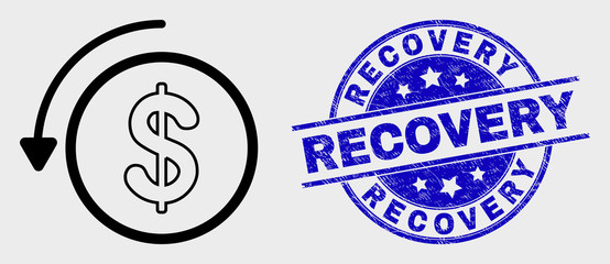 Vector line undo payment pictogram and Recovery seal stamp. Blue round grunge seal stamp with Recovery title. Black isolated undo payment pictogram in contour style.
