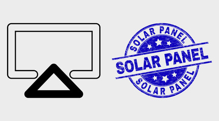 Vector outline display icon and Solar Panel seal stamp. Blue round textured seal stamp with Solar Panel message. Black isolated display icon in contour style.