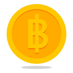 Gold coin icon in flat style with Baht sign on it. The official currency of Thailand.