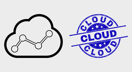 Vector line cloud chart icon and Cloud seal stamp. Blue rounded textured seal stamp with Cloud text. Black isolated cloud chart icon in stroke style.