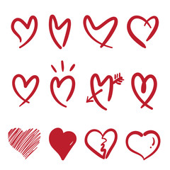 Vector of hand drawn doodle style heart isolated on white background. group red heart. Easy editable layered vector illustration.