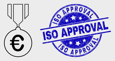 Vector linear euro medal icon and ISO Approval seal. Blue rounded grunge seal stamp with ISO Approval caption. Black isolated euro medal icon in outline style.