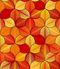 autumn stylized leaves with streaks. vector seamless pattern. simple repetitive background. textile paint. fabric swatch. wrapping paper. continuous print. orange yellow red colors