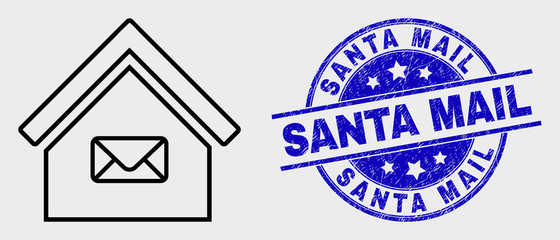 Vector line post office icon and Santa Mail seal stamp. Blue rounded scratched stamp with Santa Mail title. Black isolated post office icon in line style.